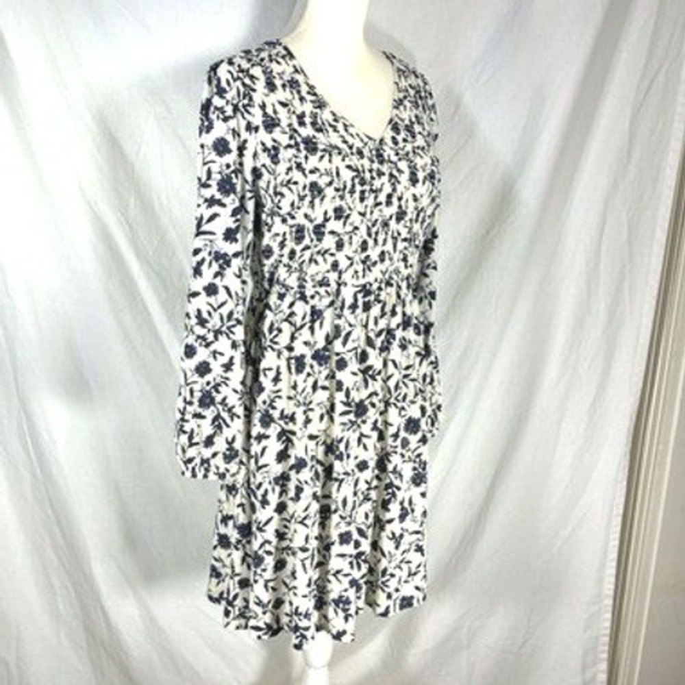 Old Navy Women Navy White Floral Smocked V-Neck‎ Long Sleeve Mini Dress Size M